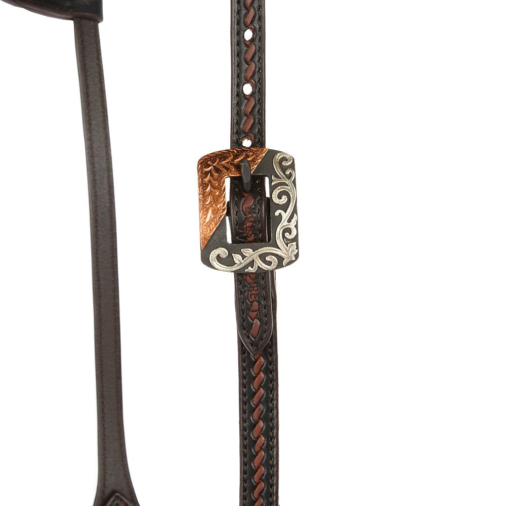 WD-RTSEH-HO-7 Heavy Oiled Rope Tooling Silver Scroll Copper Bar Double Buckle Single Ear Headstall