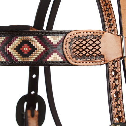 WD-SBH4 Burgundy Cream Embossed Beadwork Browband Headstall