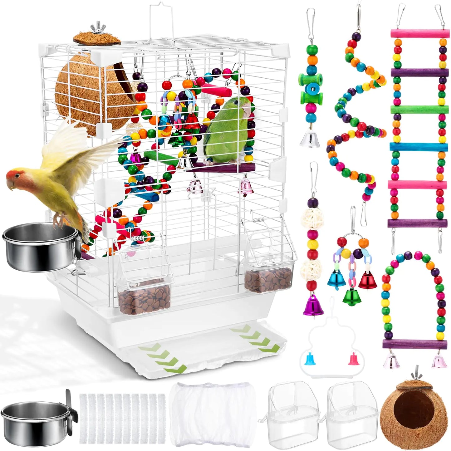 Zhengmy Parrot Starter Kit 17 7 Bird Cage With Handle 6 Pcs Wood Bird Toys For Parakeets Parrot Feeders Water Cage Bowls Bird Cage Seed Catcher Coconut Bird Nest Hut Disposable Cage Liner