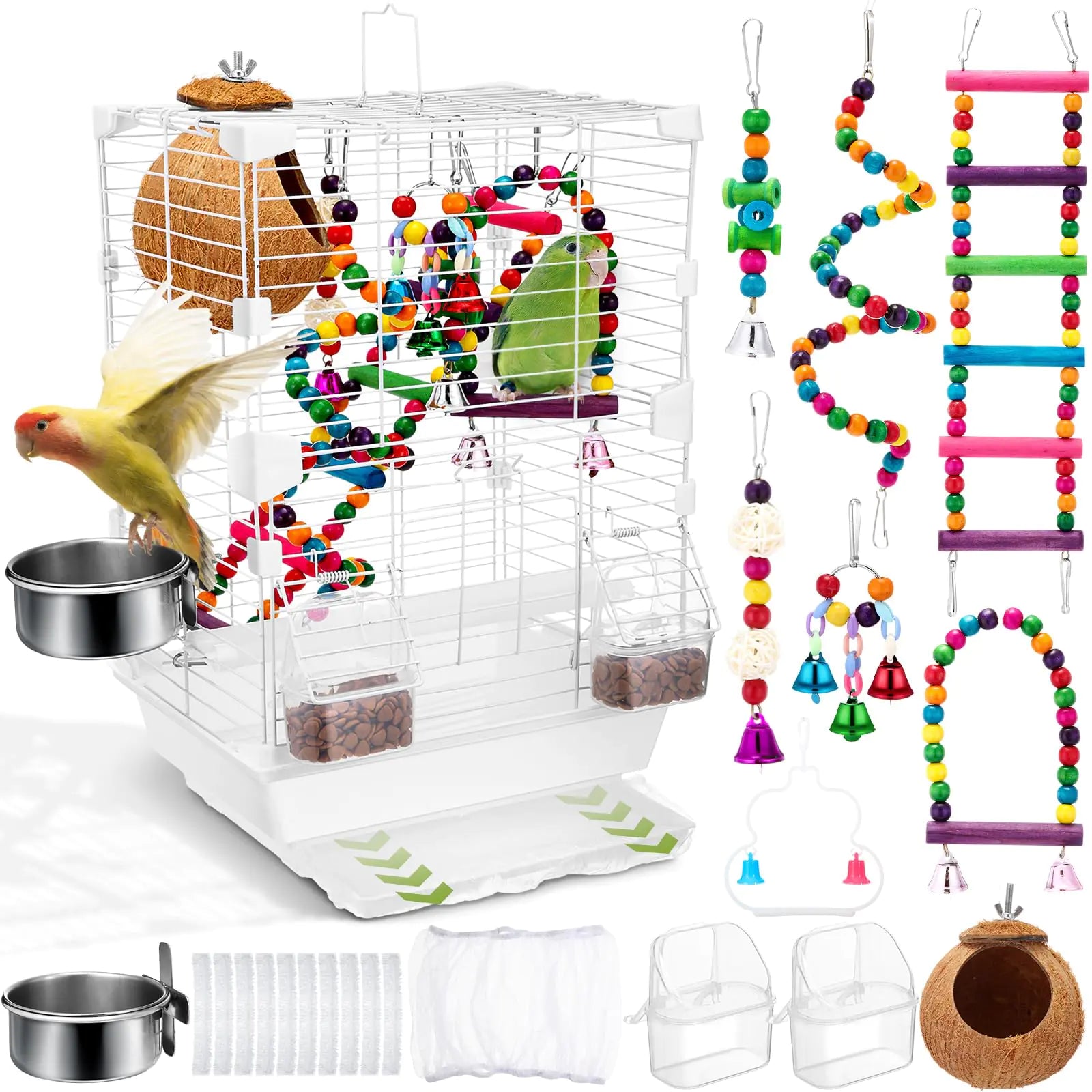 Zhengmy Parrot Starter Kit 17 7 Bird Cage With Handle 6 Pcs Wood Bird Toys For Parakeets Parrot Feeders Water Cage Bowls Bird Cage Seed Catcher Coconut Bird Nest Hut Disposable Cage Liner