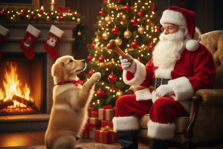 a dog sitting begging santa for the bone