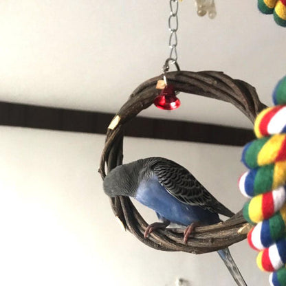 Rattan Ring Bird Cage Chewing Toy With Standing Frame - Natural Apple Branch Braided Ring For Birds