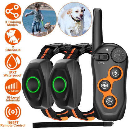 3280FT Dog Training Collar IP67 Waterproof Pet Beep Vibration Electric Shock Collar 3 Channels Rechargeable Transmitter Receiver Trainer with Flashlig