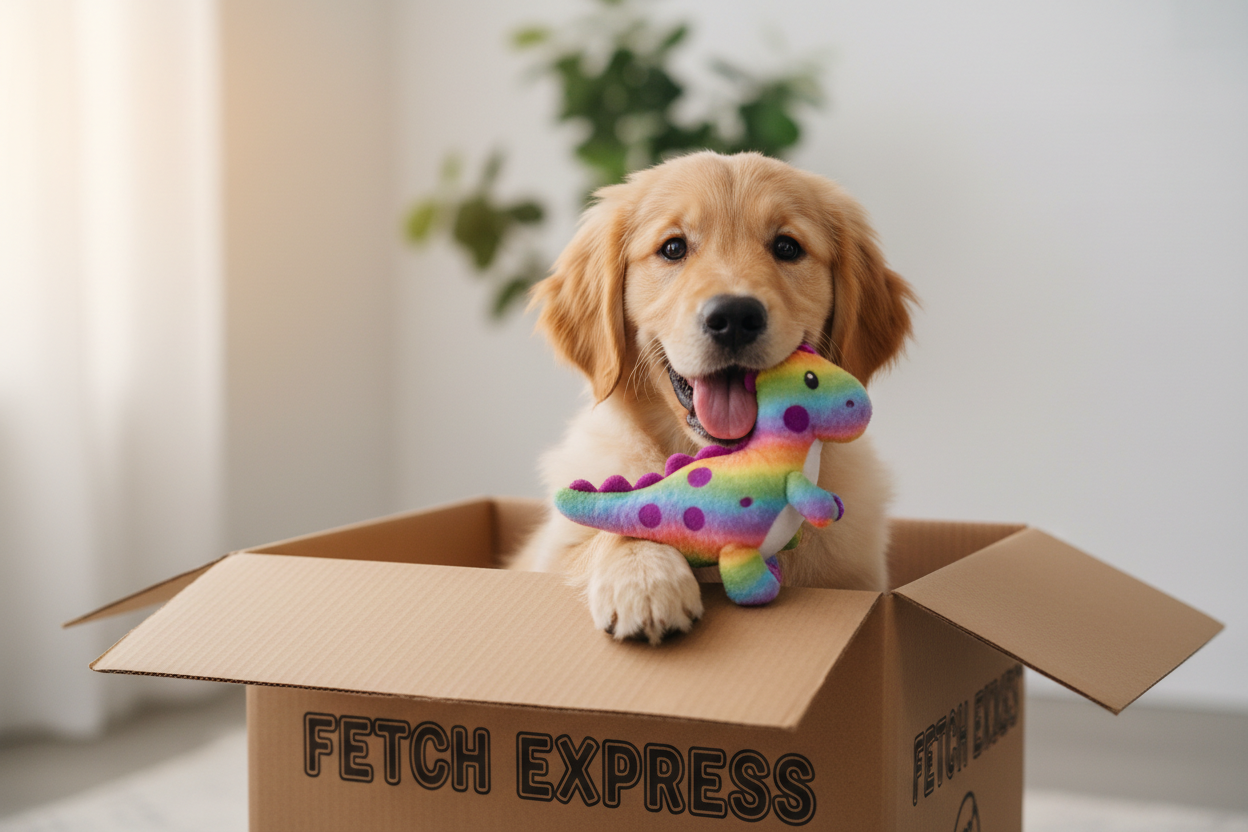 cute dog sitting in shipping box holding a toy in his mouth