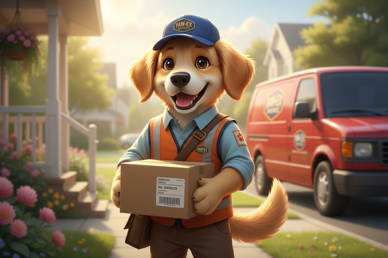 cute humanoid dog delivery man with package