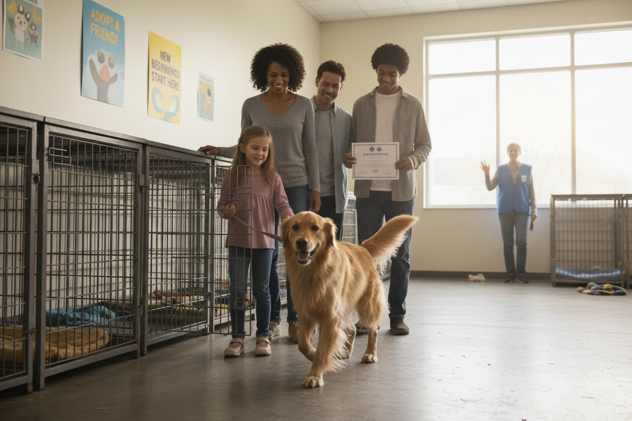 dog at shelter with new family walking him out of the cage to go home!