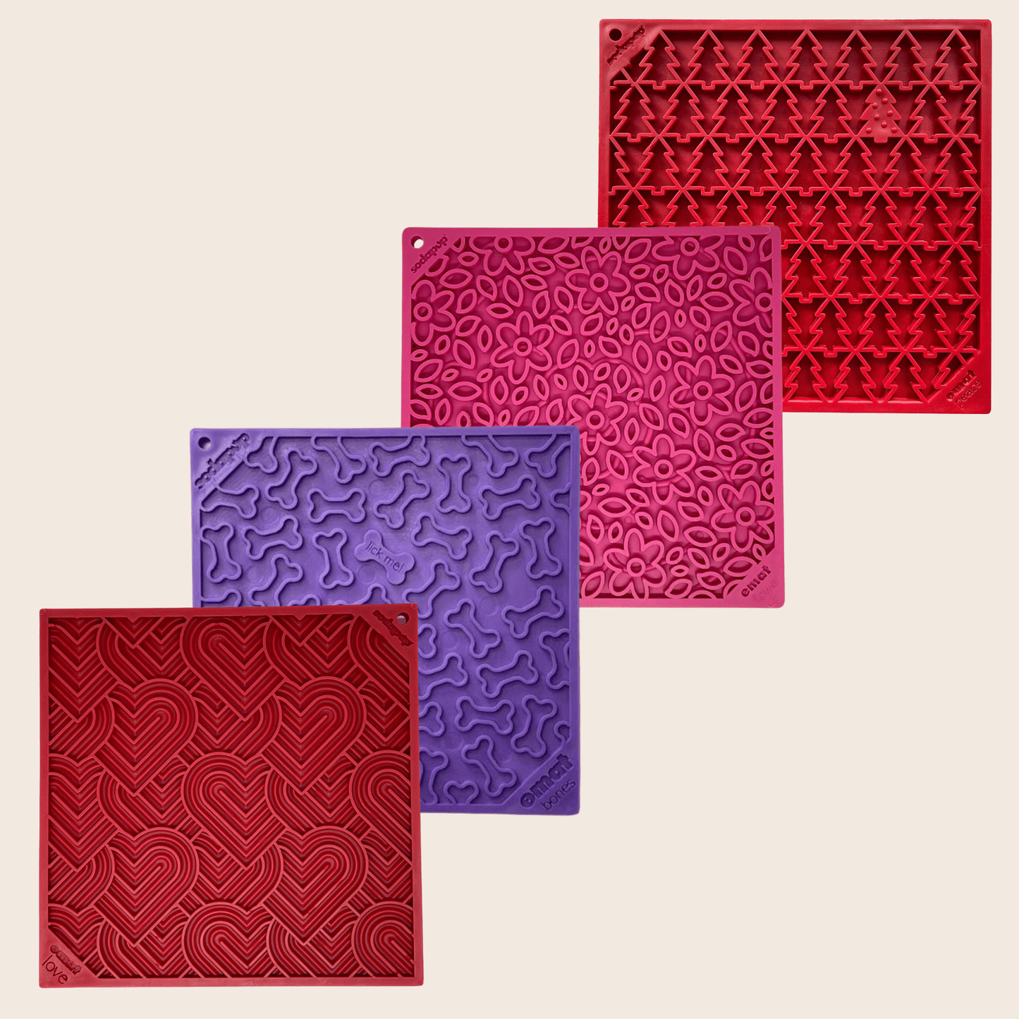 Dog lick mats with grooves filled with healthy treats for calming and enrichment