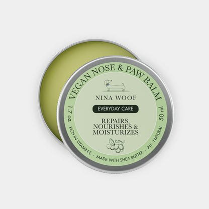 Dog Vegan Nose and Paw Balm jar with natural ingredients and paw print on label