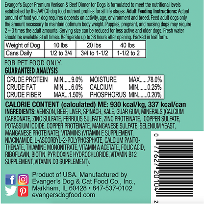 Evanger's Super Premium All Life Stages Venison & Beef Dinner, Limited Ingredient Wet Dog Can (12.5oz)