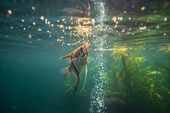 fish striking fish flake food from below