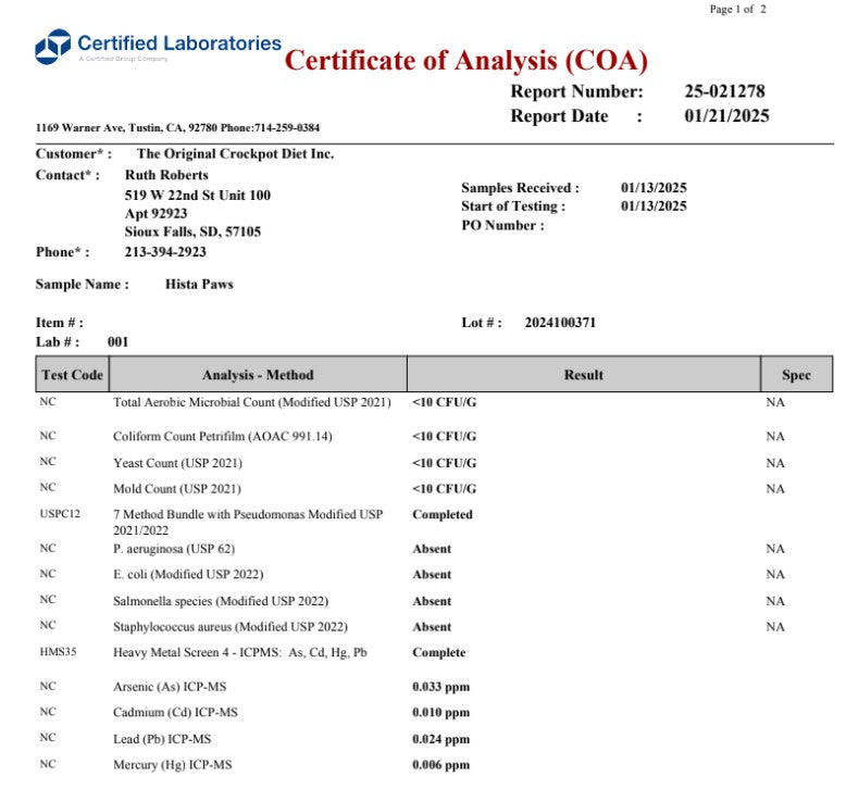 Hista Paws With Quercetin For Dogs And Cats