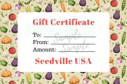 Seedville USA Shop Gift Certificate - Veggie Lovers Design - By Email or Postal Mail - You Choose Amount