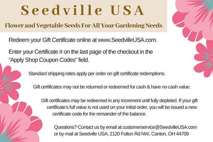 Seedville USA Shop Gift Certificate - Pink Flower Design - By Email or Postal Mail - You Choose Amount