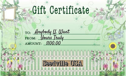 Seedville USA Shop Gift Certificate - Garden Gate Design - By Email or Postal Mail - You Choose Amount
