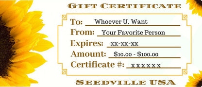 Seedville USA Shop Gift Certificate - Sunflower Design - By Email or Postal Mail - You Choose Amount