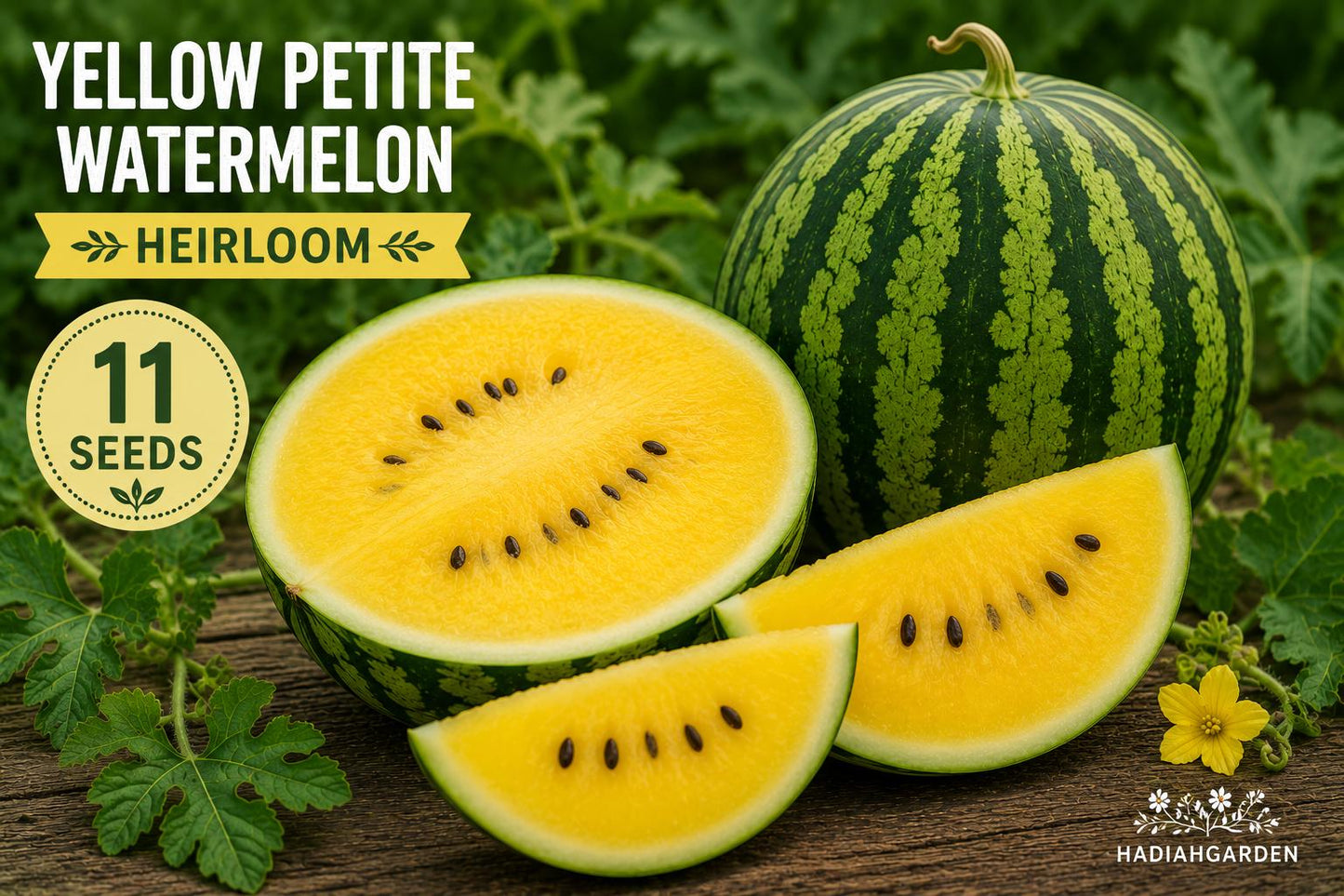 Yellow Petite Watermelon Seeds – Citrullus lanatus Heirloom, Compact Fruit, Yellow Flesh, Green Striped Skin, Full Sun, 11 Seeds