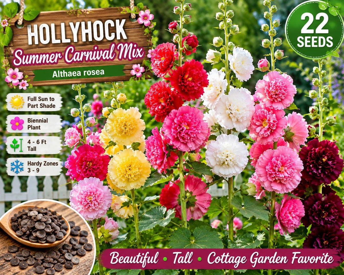 Hollyhock Seeds – Summer Carnival Mix, Althaea rosea, Flowering Biennial, Colorful Double Blooms, Garden Border Plant