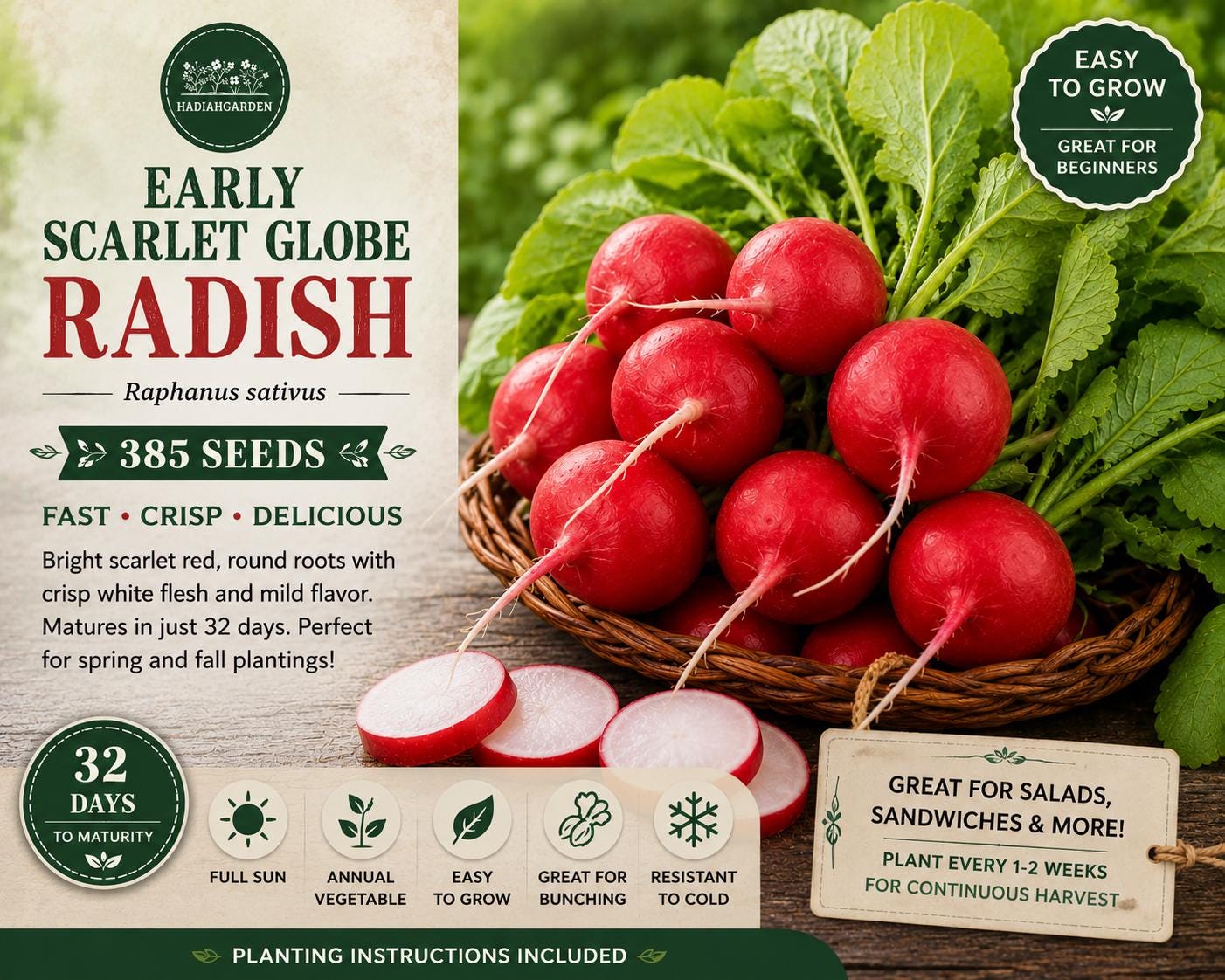Early Scarlet Globe Radish Seeds – Raphanus sativus, Fast-Growing Annual Vegetable for Salads & Containers
