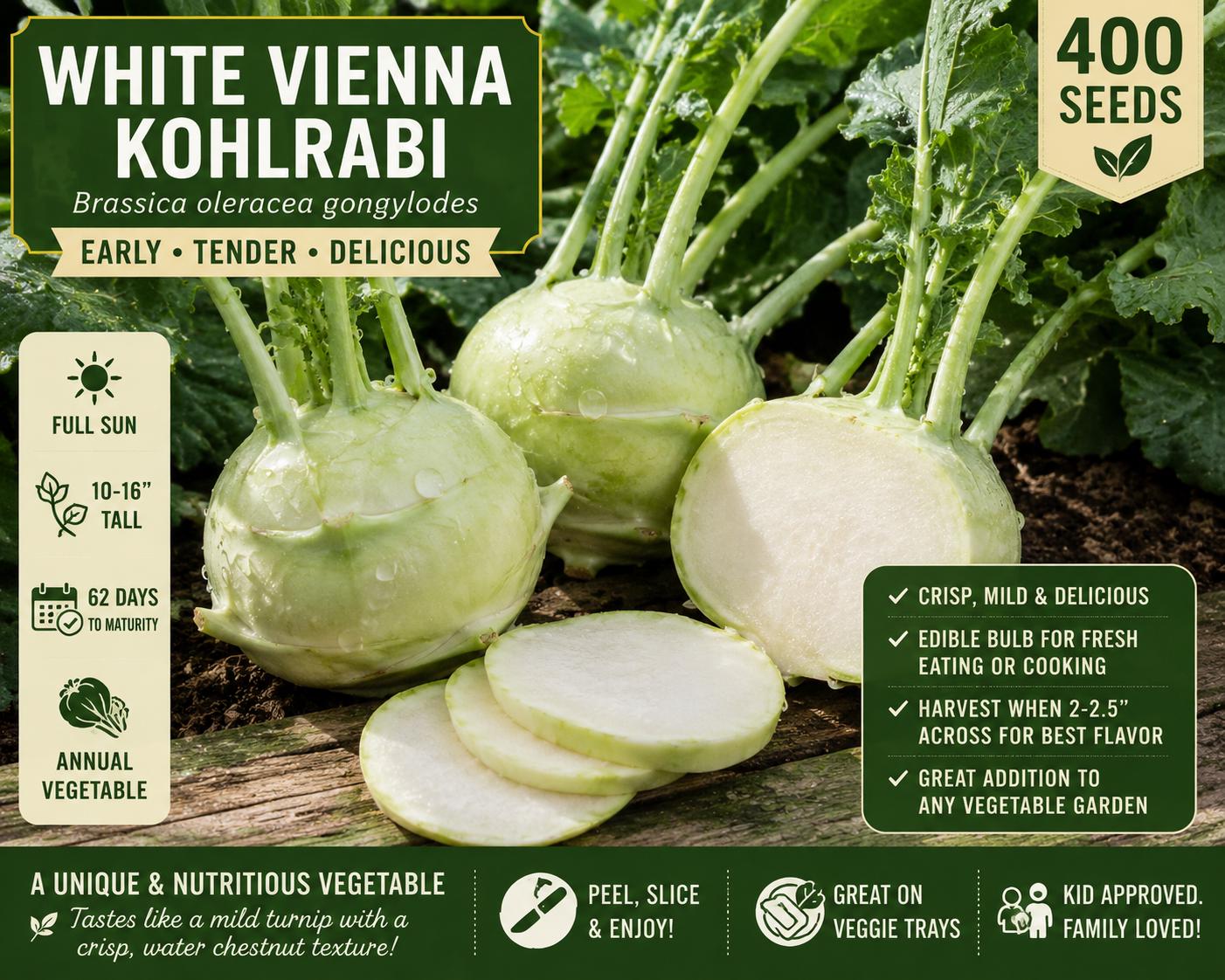 White Vienna Kohlrabi Seeds – Brassica oleracea gongylodes, Heirloom Vegetable, Edible Pale Green Bulb, 400 Seeds