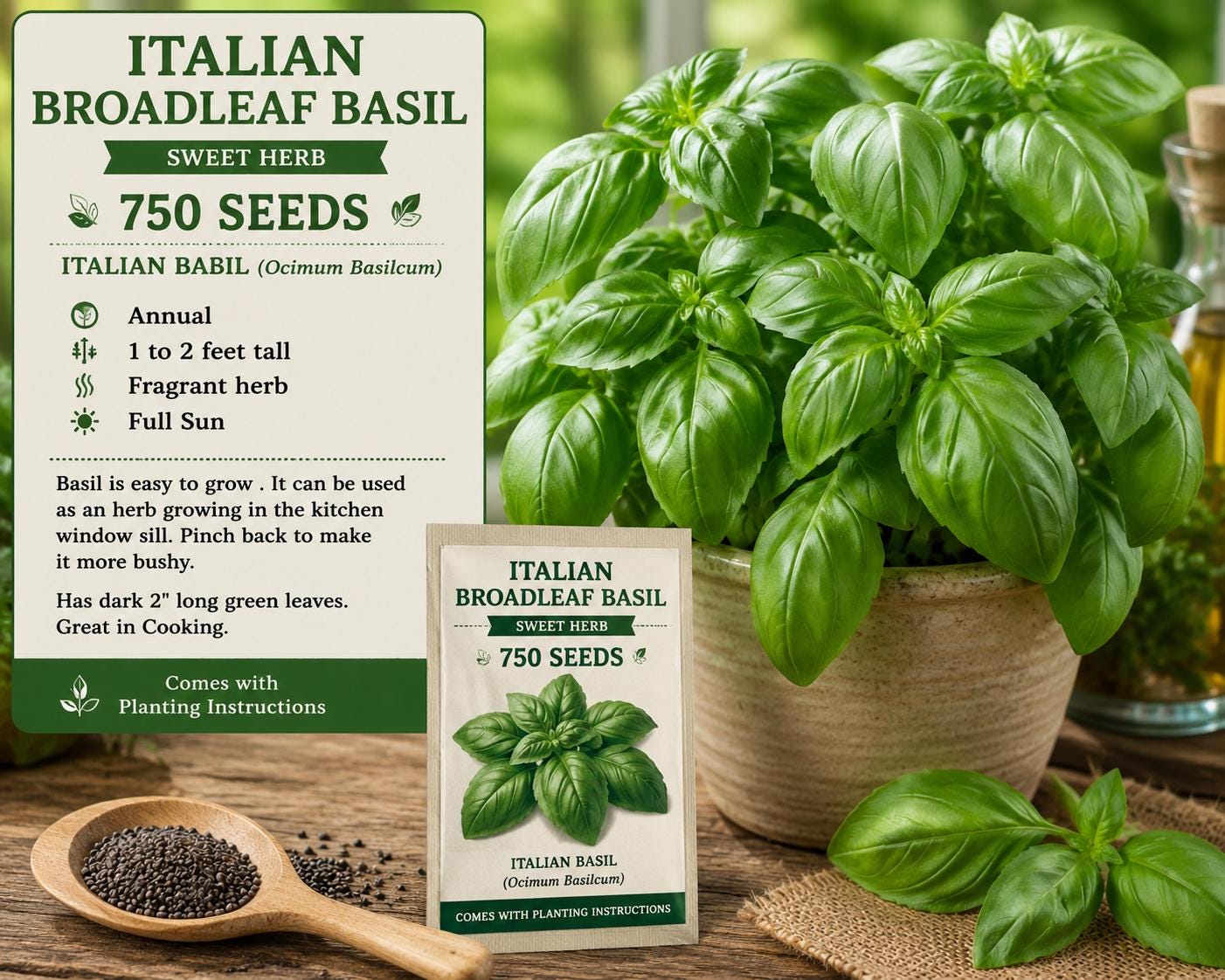 Italian Broadleaf Basil Seeds – 750 Pack, Aromatic Green Foliage, Ocimum basilicum, Herb for Gardens & Containers