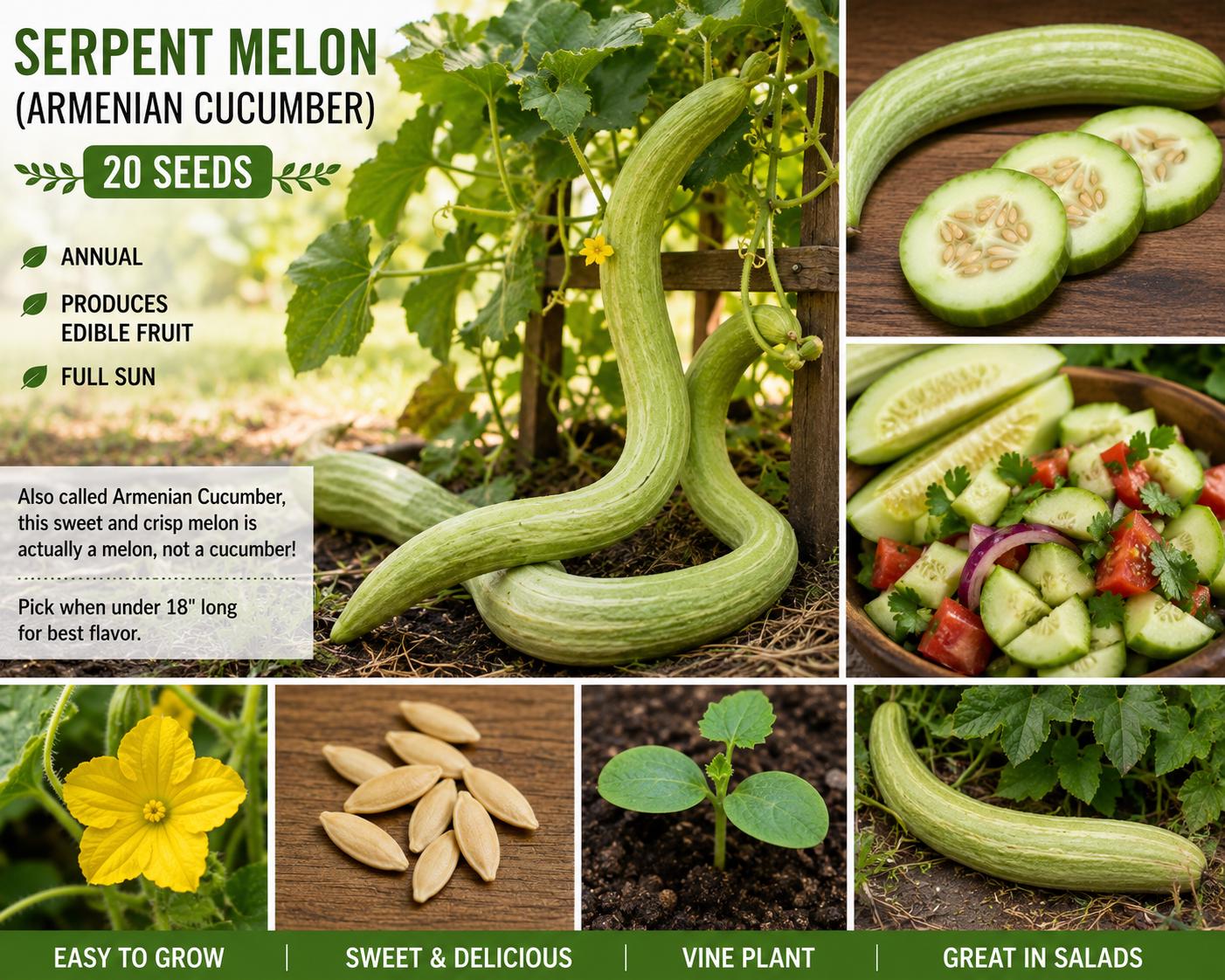 Serpent Melon Seeds – Armenian Cucumber, Cucumis melo, Edible Light Green Fruit, Annual Vegetable Vine