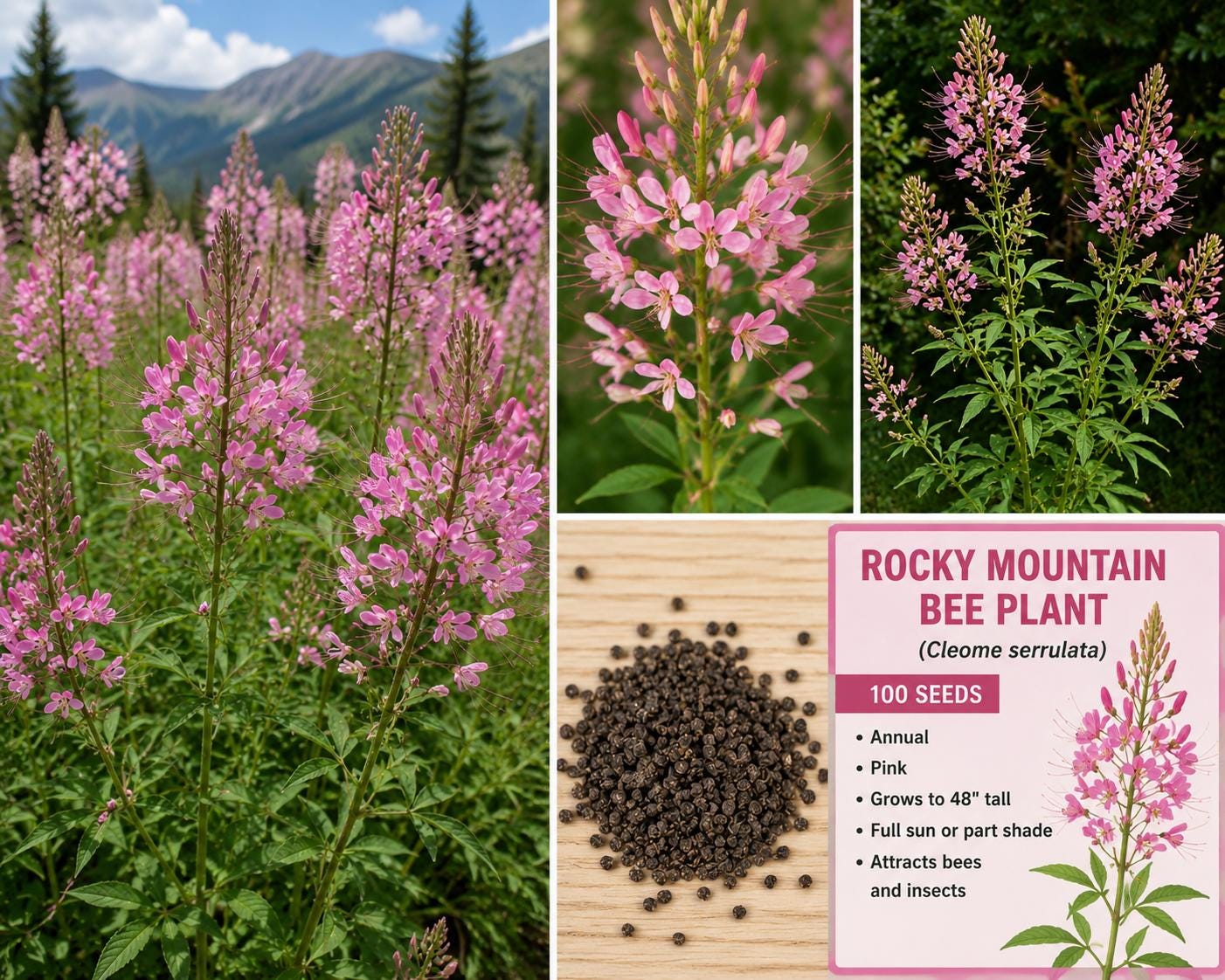 Rocky Mountain Bee Plant Seeds – Cleome serrulata Pink Wildflower – Annual Pollinator Attracting Native Plant, 100 Seeds
