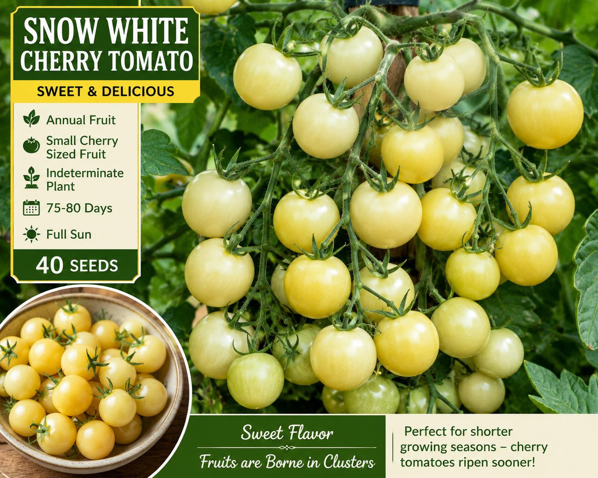 Snow White Cherry Tomato Seeds – Indeterminate Heirloom Solanum lycopersicum, Sweet Flavor, Clusters of Cherry Fruits