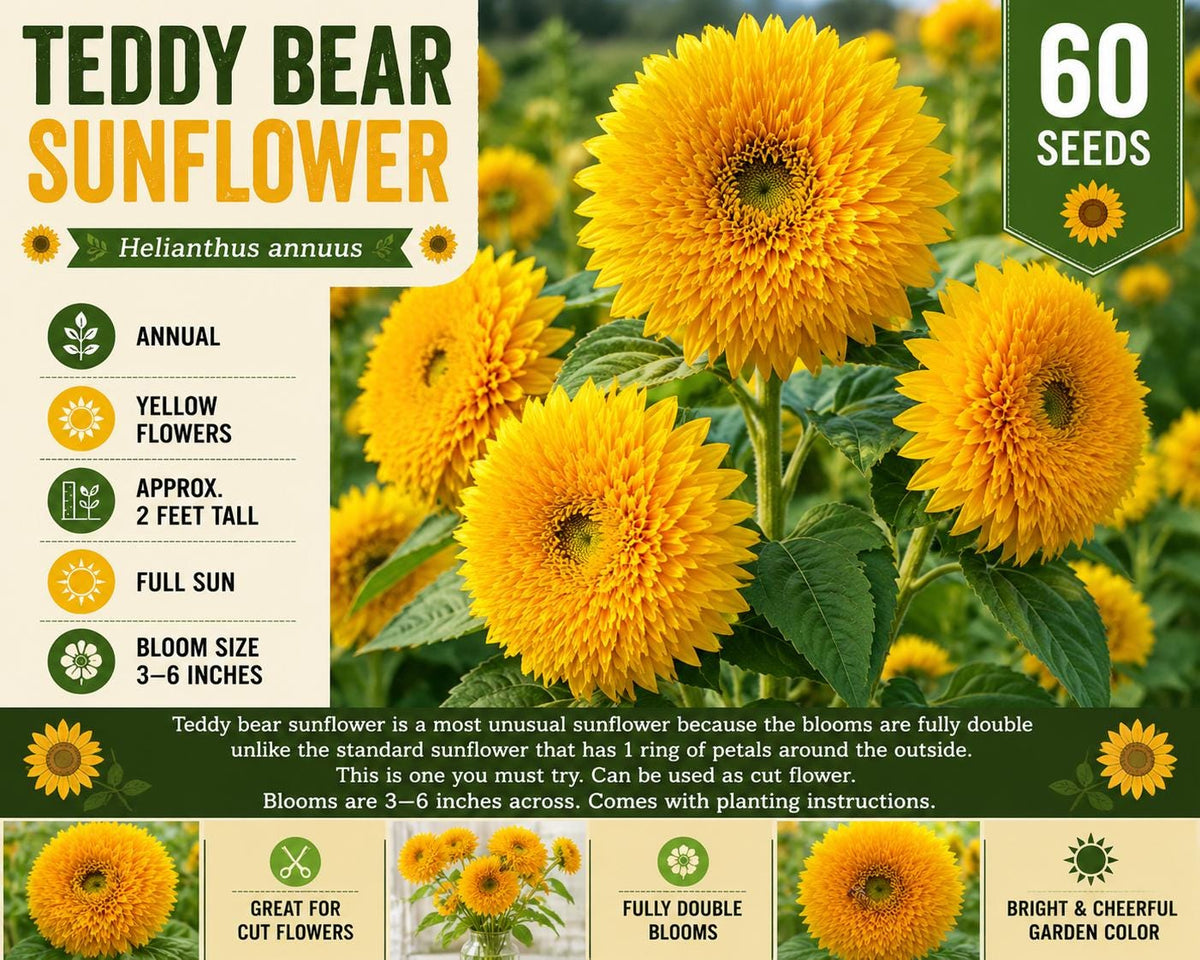 Teddy Bear Sunflower Seeds – Double Yellow Annual Flower, Helianthus annuus, Compact 2ft, Cheerful Pom-Pom Blooms