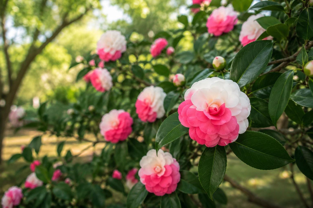 April Dawn Camellia Japonica Live Starter Plant with Bicolor Flowers, Garden Landscaping, Evergreen Shrub