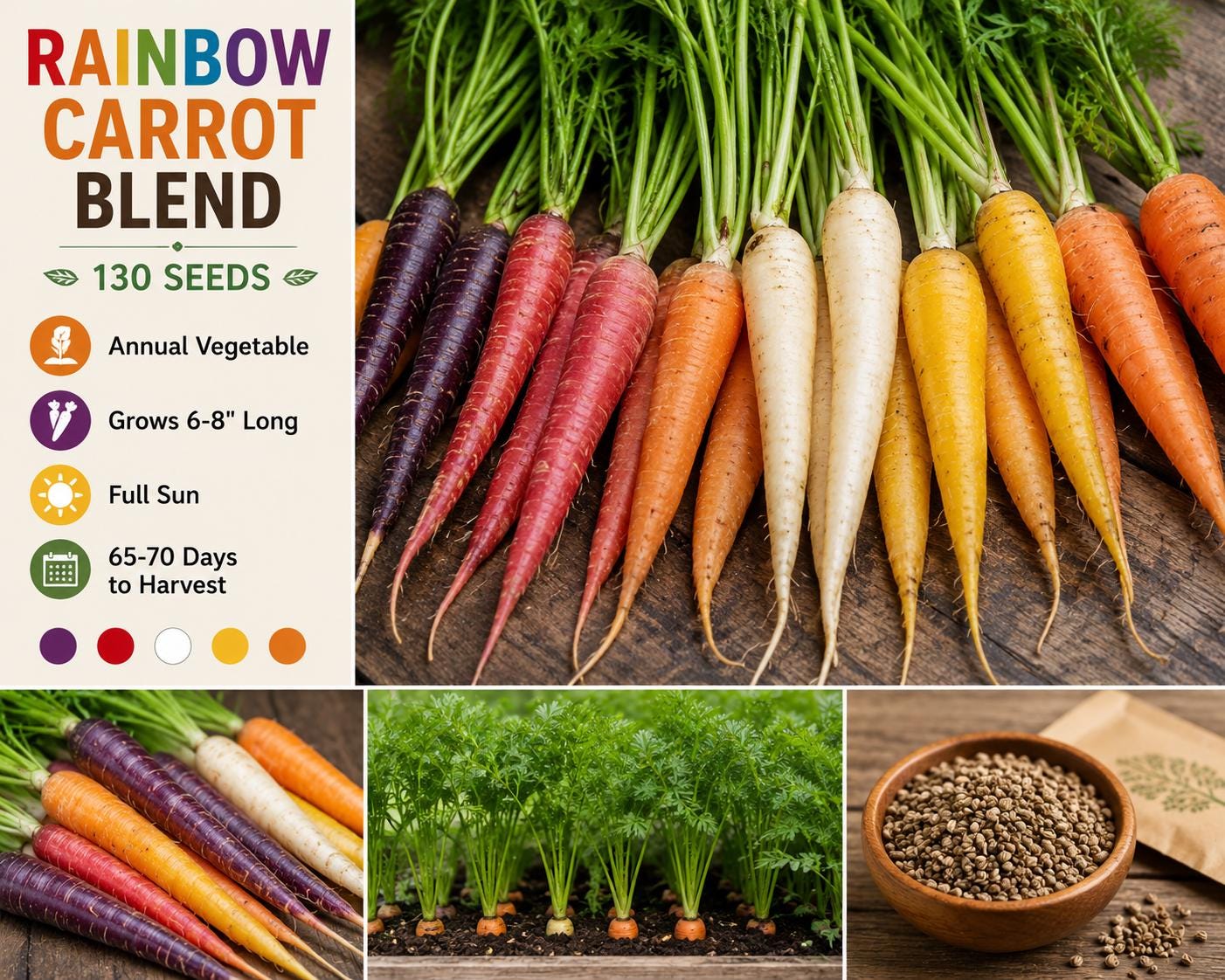 Rainbow Carrot Seeds – Colorful Root Vegetable Mix, Daucus carota, 130 Seeds for Garden Beds and Vegetable Gardens