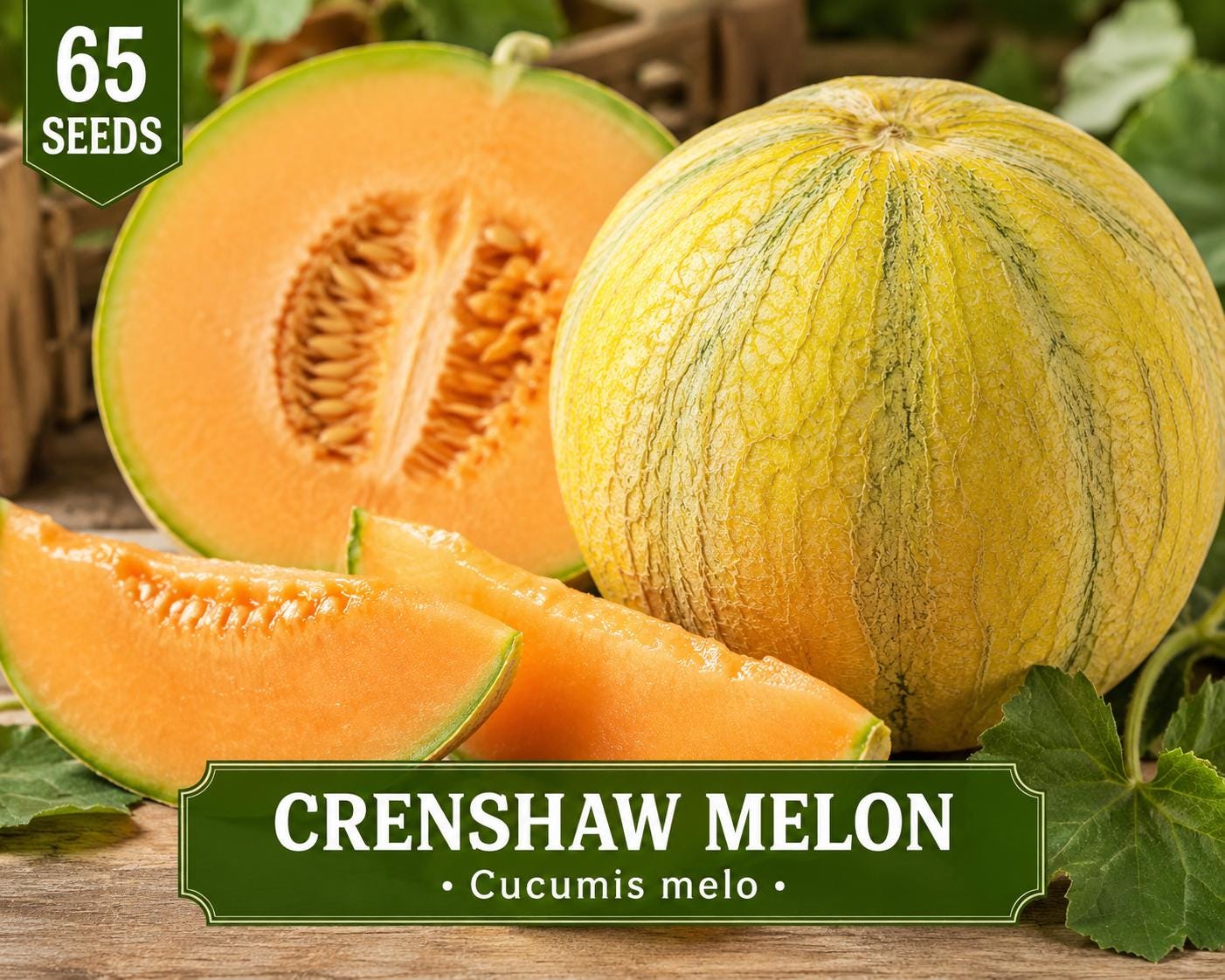 Crenshaw Melon Seeds – Cucumis melo – Fruit Vine with Salmon Flesh and Yellow Exterior – 65 Seeds for Planting