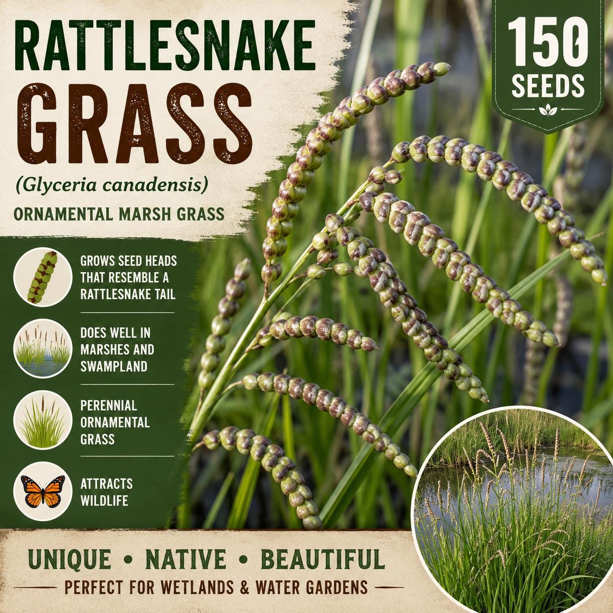 Rattlesnake Grass Seeds 150 Glyceria canadensis Ornamental Perennial Wetland Water-edge Plant