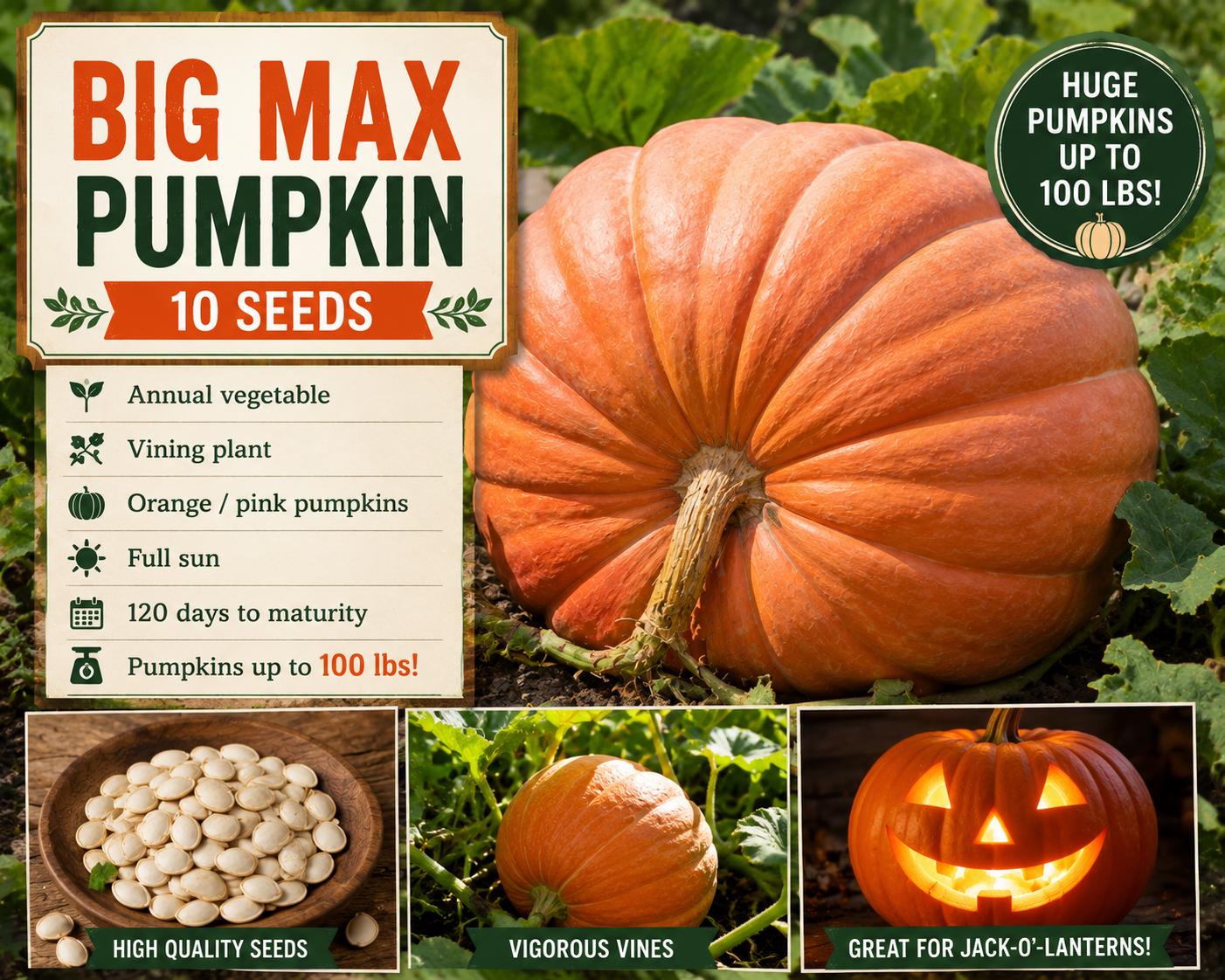 Big Max Pumpkin Seeds – Giant Cucurbita maxima, Orange to Pink-Orange, Large Round Fruit, Vegetable Garden, Autumn Decor, Carving