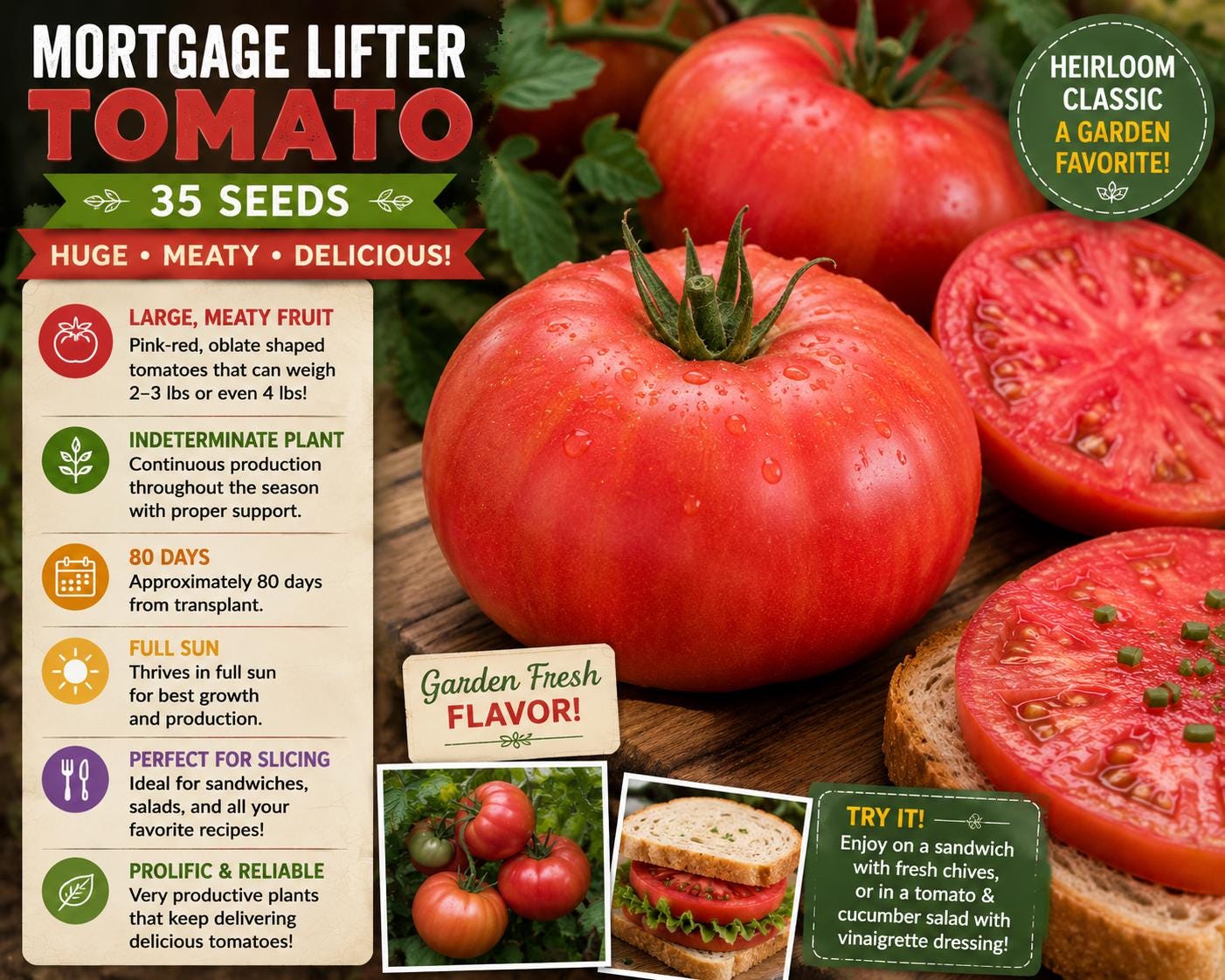 Mortgage Lifter Tomato Seeds – Large Pink Red Heirloom Slicing Tomato, Indeterminate Garden Variety, Solanum lycopersicum