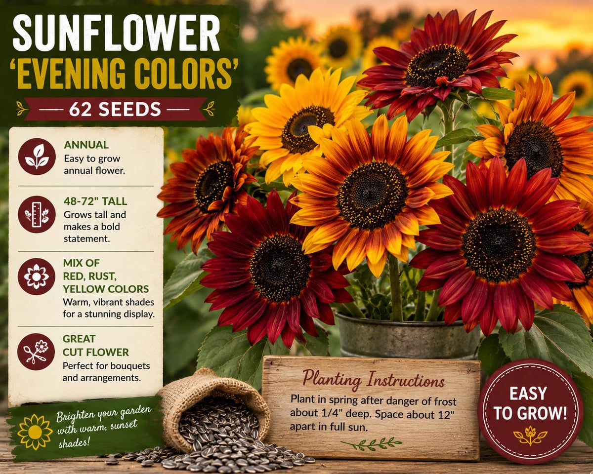 Evening Colors Sunflower Seeds – Helianthus annuus Mix of Red, Rust, and Yellow Annual Cut Flowers for Garden & Floral Arrangements