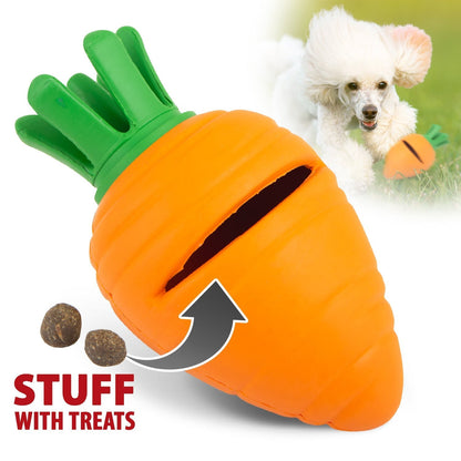 Jeffers Carrot Treat Dispensing Dog Toy made of natural rubber with slit for treats and dental benefits