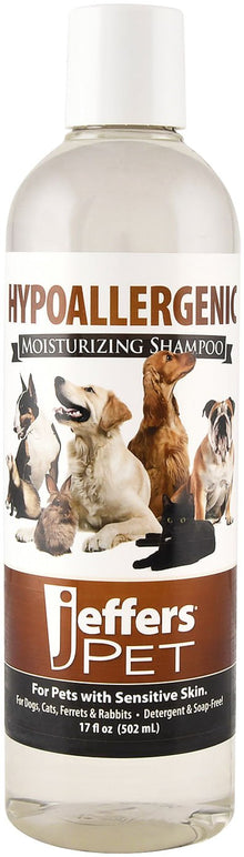 Bottle of Jeffers Hypoallergenic Moisturizing Pet Shampoo for sensitive skin with clear liquid and label