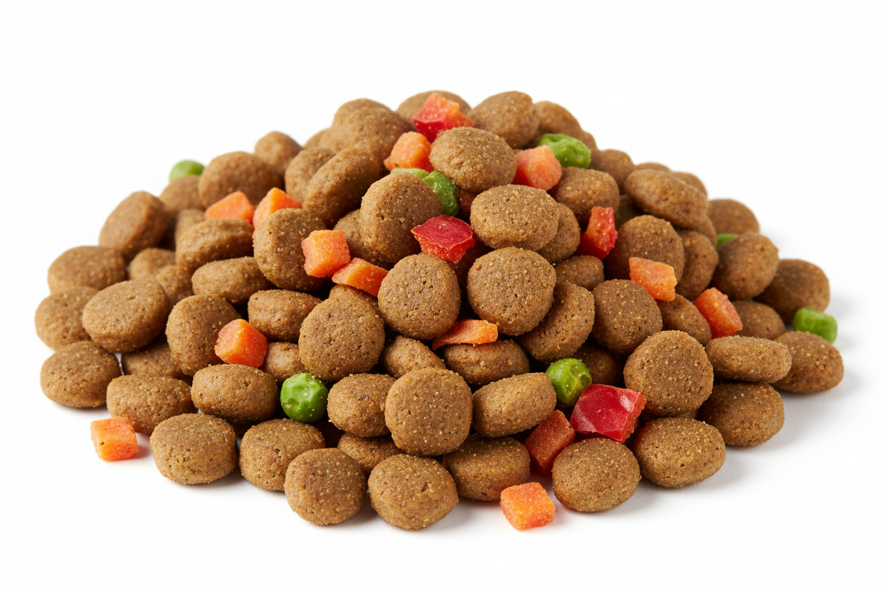 kibble with meaty morsels and dried veggie bits visible in the kibble bits