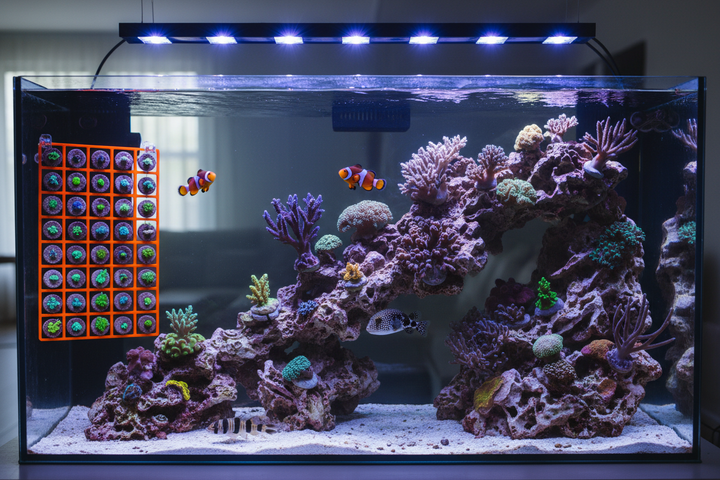more naturally mounted or placed in a freeform rocky mold, a neon colored vertical frag rack can be seen on one side