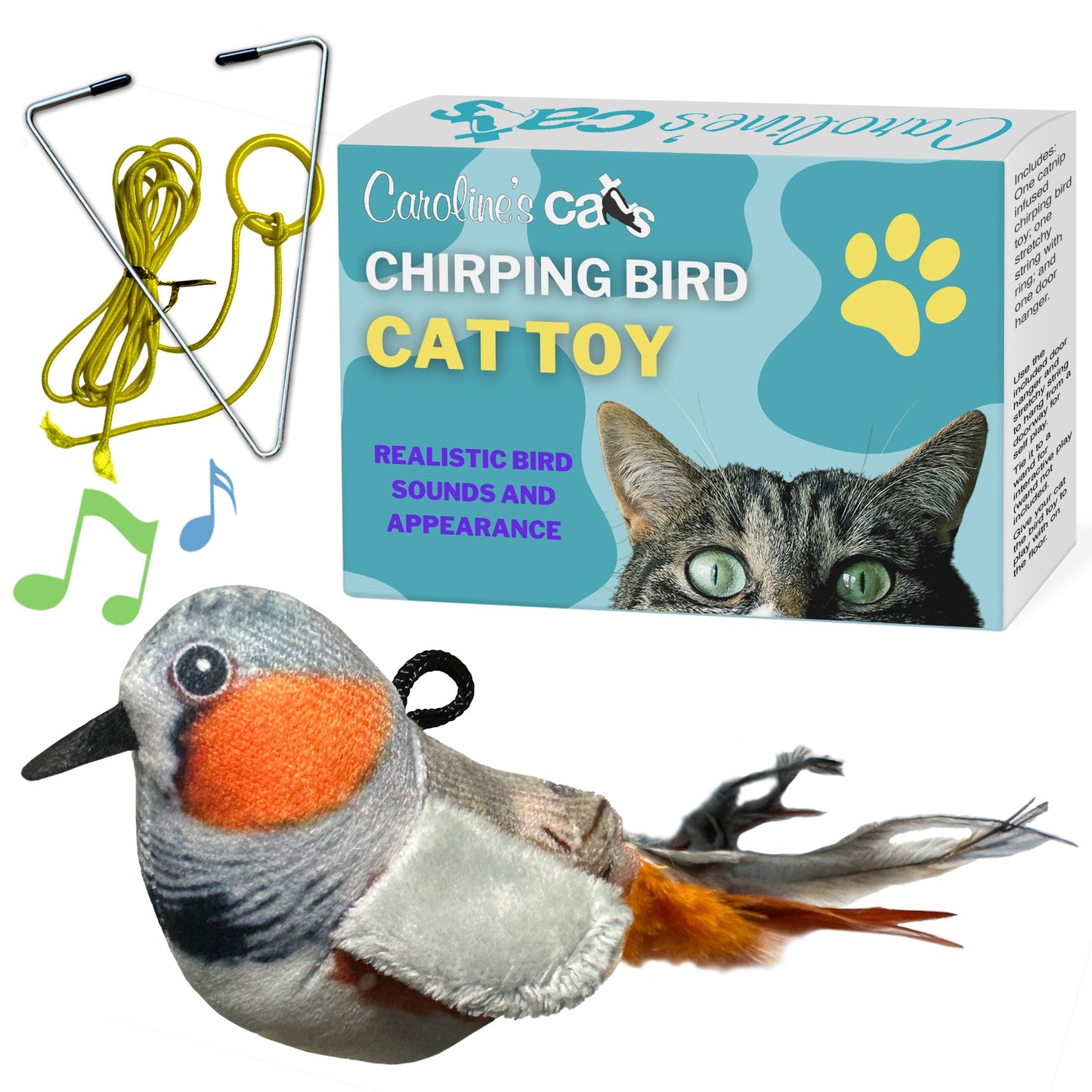 Carolines Cats Plush Chirping Bird Cat Toy On Elastic String With Doorway Hanger No Flimsy Suction Cups Real Electronic Avian Sounds
