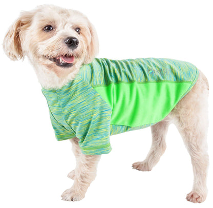 Pet Life ® Active 'Warf Speed' heathered ultra-stretch yoga fitness dog t-shirt with breathable panels and reflective taping