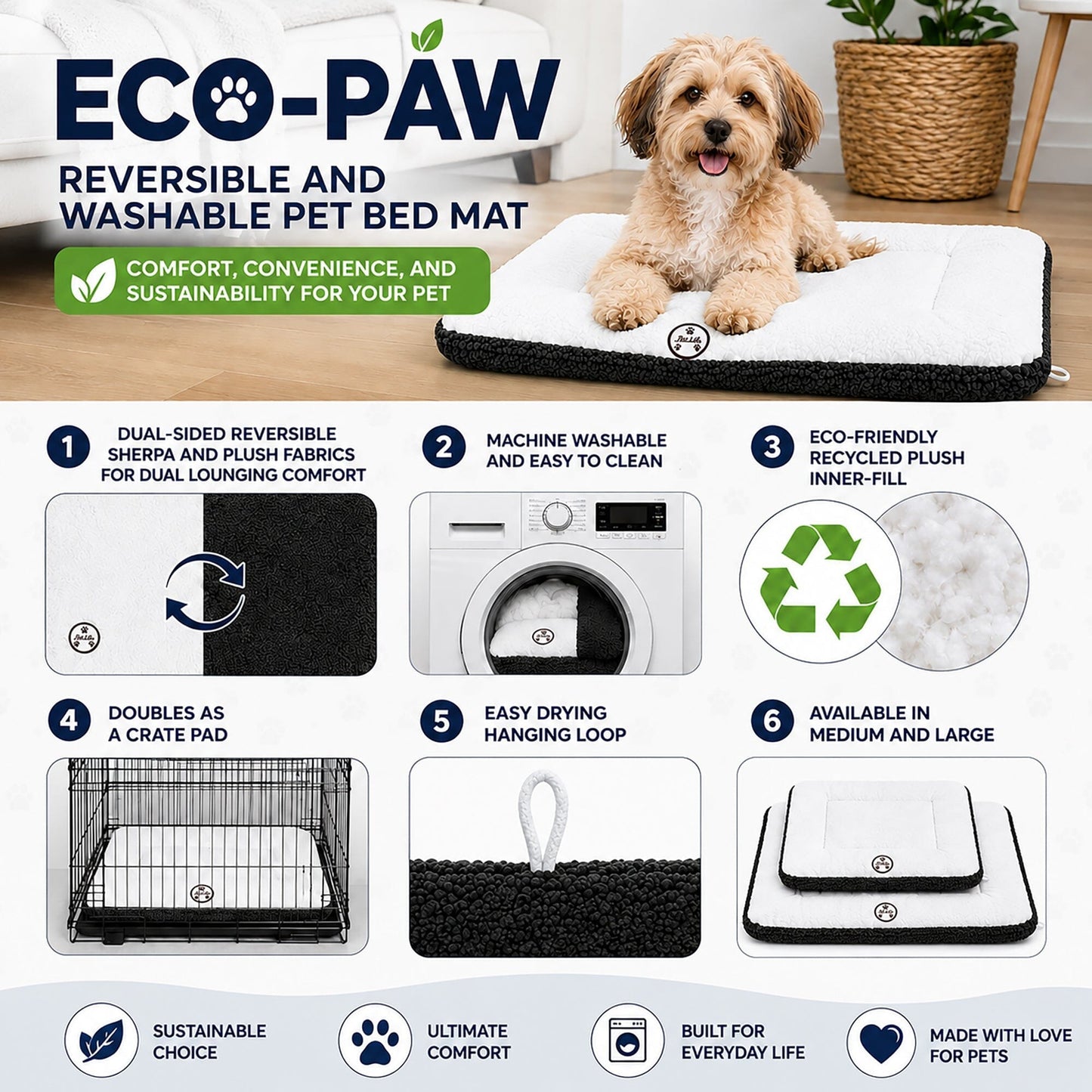 Pet Life ® 'Eco-Paw' Reversible Eco-Friendly Recyclabled Polyfill Fashion Designer Pet Dog Bed Mat Lounge