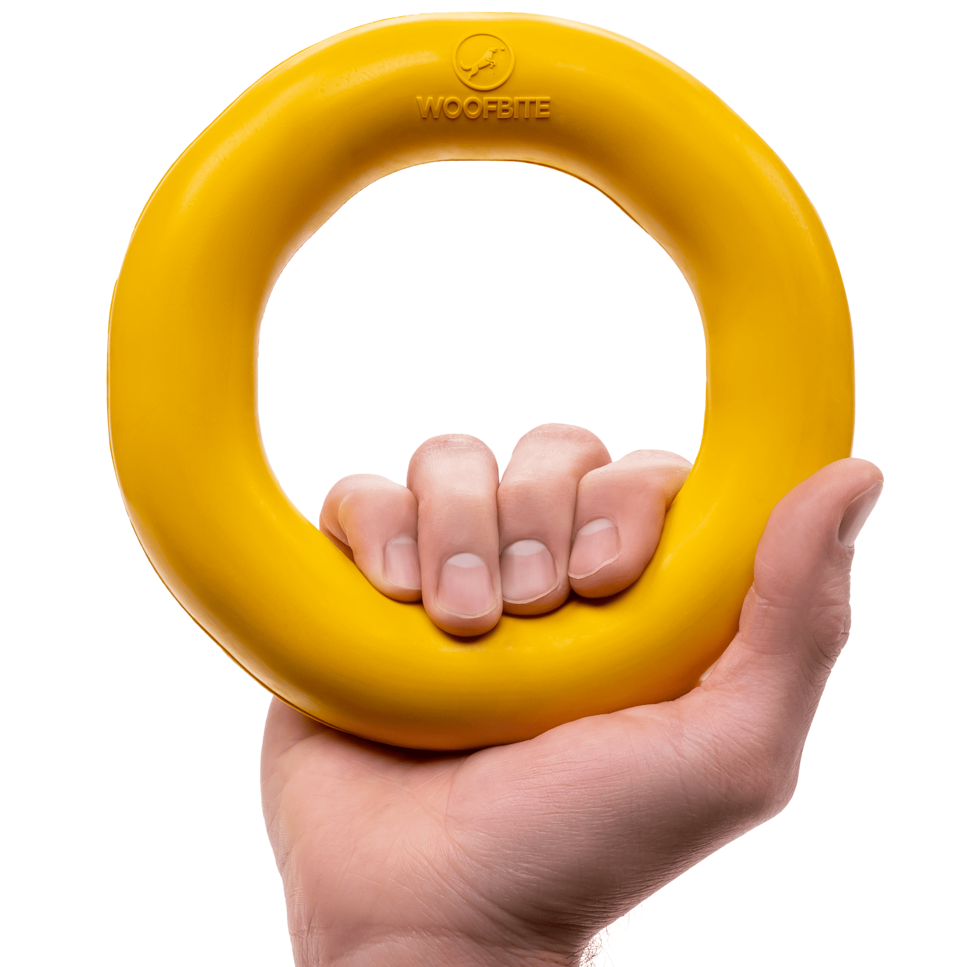 Durable yellow Power Ring dog toy made of industrial-strength rubber for aggressive chewers
