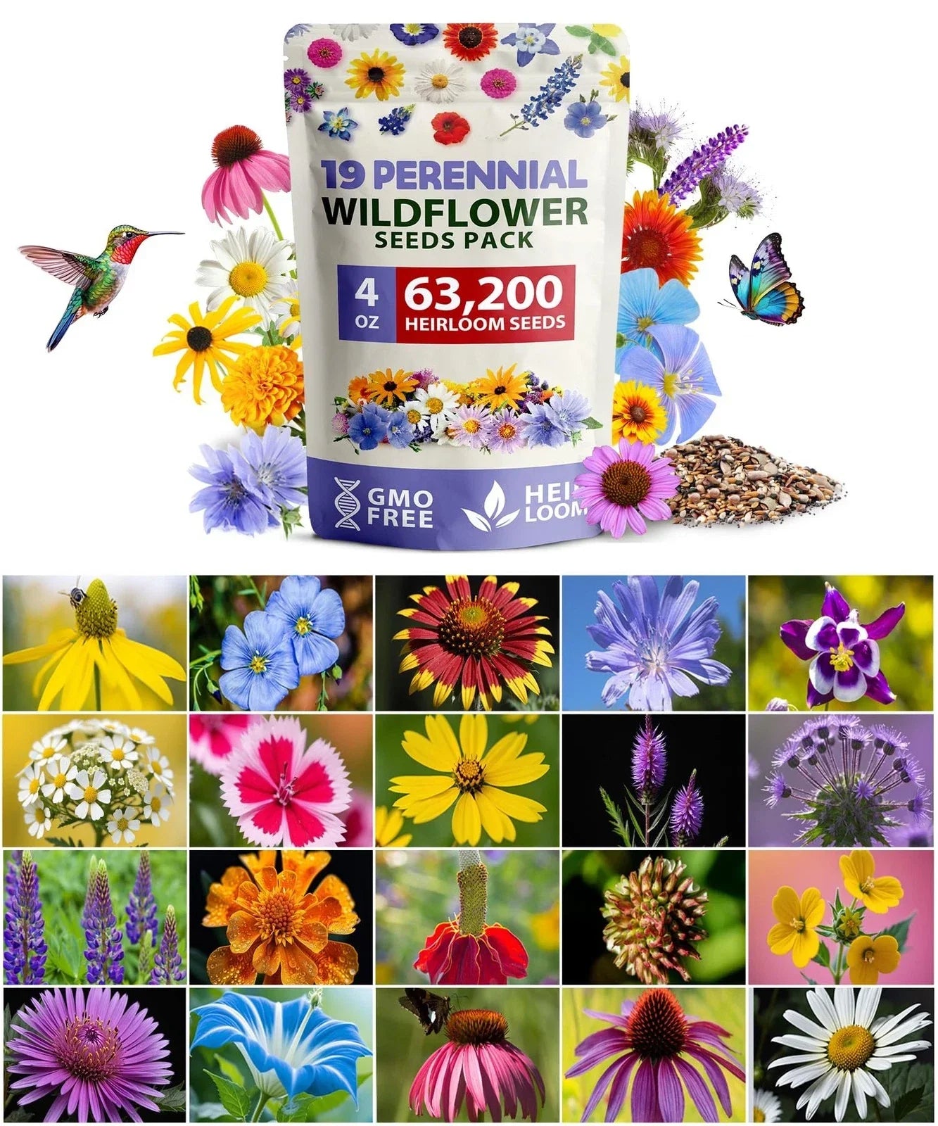 Wildflower Seed Mix - 63,200+ Seeds, 19 Varieties, Attract Bees & Birds, Native Pollinator Seeds for Gardens & Meadows