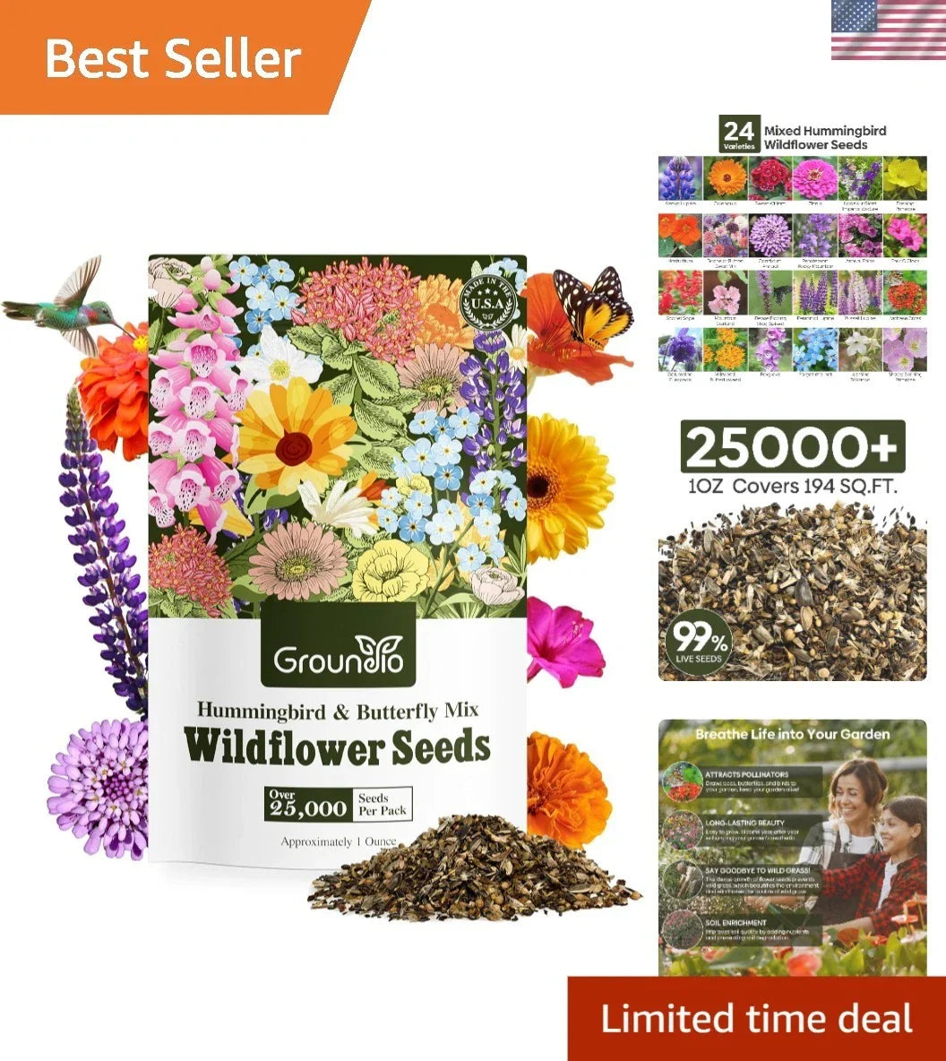 Wildflower Seeds Mix for Hummingbirds & Butterflies, 1 Ounce, Native Wildflowers, Attract Pollinators, Eco-Friendly Garden Seeds