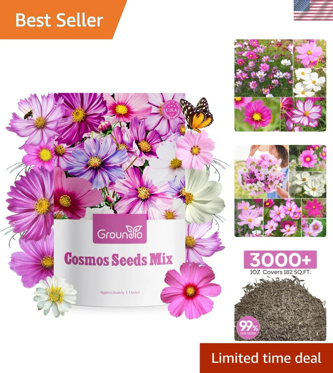 Cosmos Seeds Wildflower Mix 1 Oz - Dazzling Colors, Easy to Grow, Butterfly Attracting, Non-GMO, for Gardens & Borders