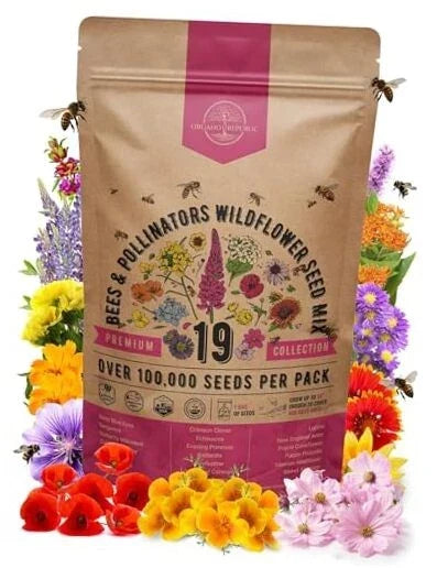 Wildflower Seed Mix - 19 Varieties Native Annual & Perennial Flowers for Pollinators, Eco-Friendly Garden Seeds