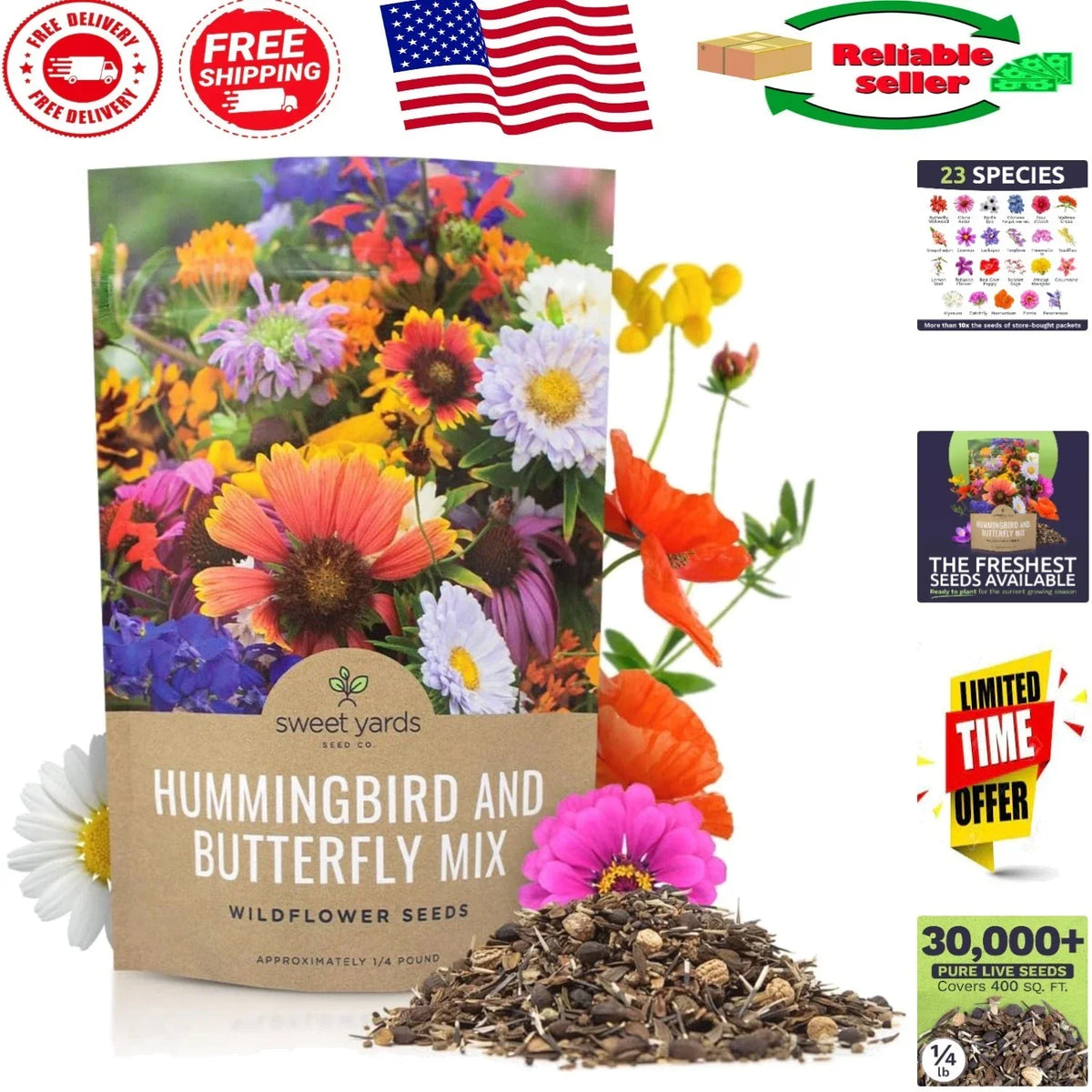 Wildflower Seeds - 30,000 Open-Pollinated Butterfly & Hummingbird Garden Mix - Native Pollinator Plants for Bees, Butterflies, Hummingbirds