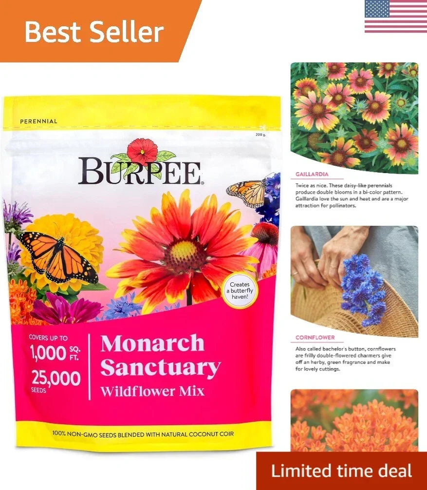 Wildflower Seed Mix - 25,000 Non-GMO Seeds for Butterfly Gardens - Monarch Sanctuary Pollinator-Friendly Wildflowers