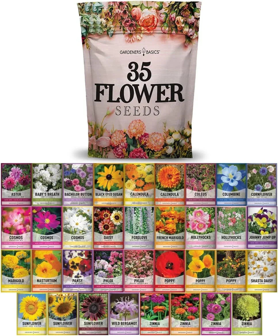 Flower Seeds Packets - 35 Varieties for Planting - Wildflowers, Herbs, Vegetables - Seed Mix Collection